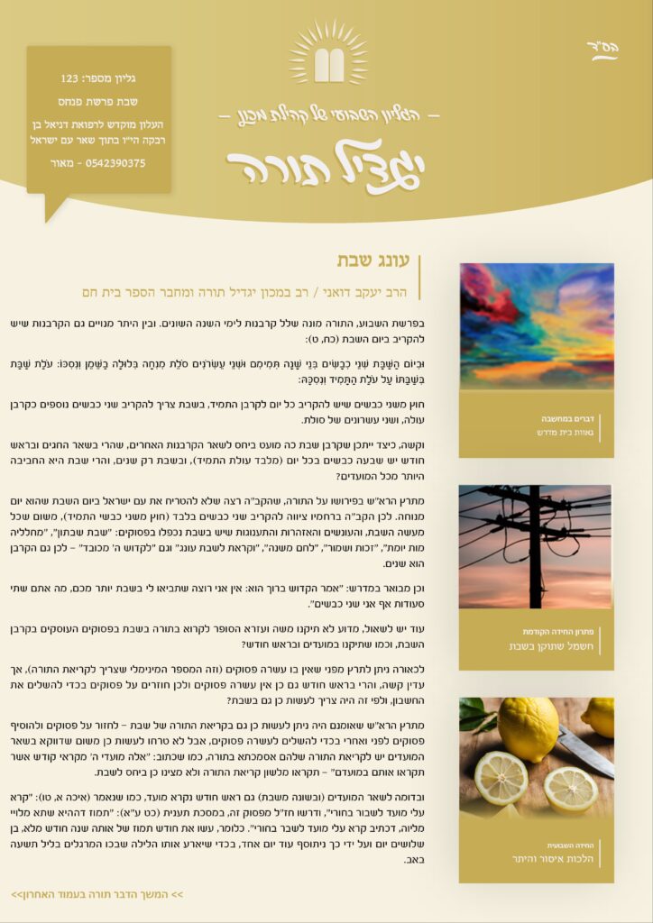 גיליון 123 פרשת פנחס העלון של לומדי הרבנות בישראל מבית מכון יגדיל תורה